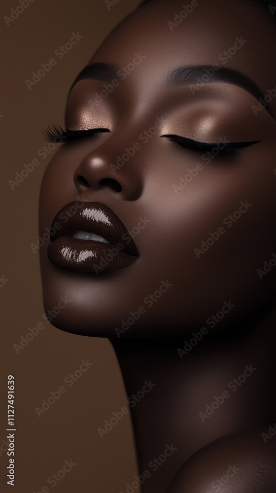 Portrait of a woman with glossy chocolate-brown lips, radiant skin, and golden eyeshadow. Concept of beauty, luxury, and sophistication. Portrait of a woman with glossy chocolate-brown lips, radiant skin, and golden eyeshadow. Concept of beauty, luxury, and sophistication.