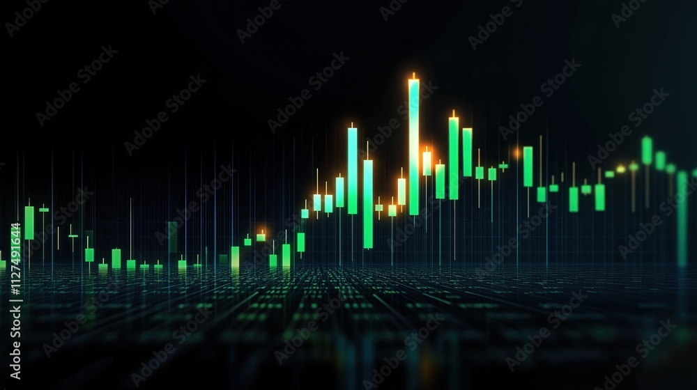 Growth in cryptocurrency values shown through ascending green candlesticks with data visualization in a dark environment Growth in cryptocurrency values shown through ascending green candlesticks with data visualization in a dark environment