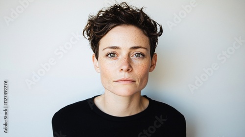 Portrait of a young woman with short, curly brown hair and freckles, wearing a black shirt against a white background.