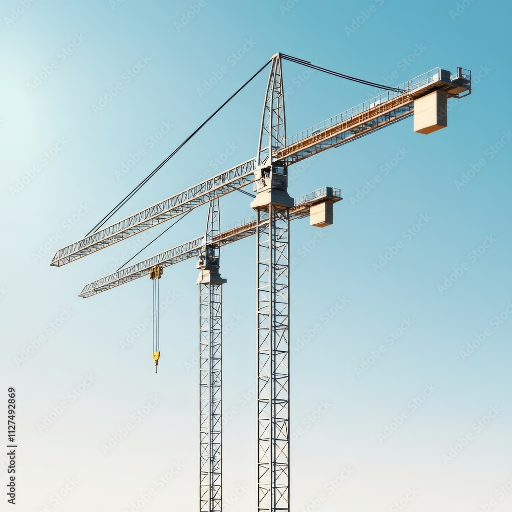 Sleek and modern construction cranes with clear sky Sleek and modern construction cranes with clear sky