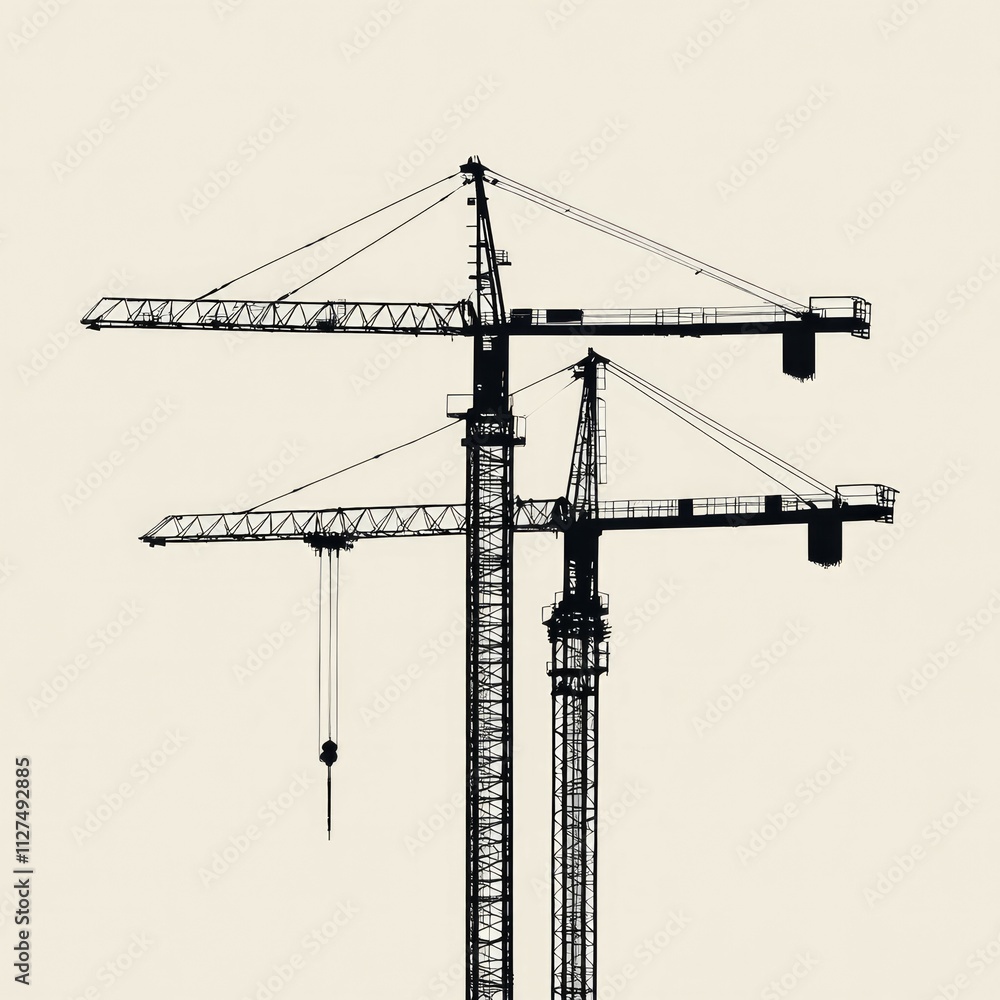 Sleek and modern construction cranes with clear sky Sleek and modern construction cranes with clear sky