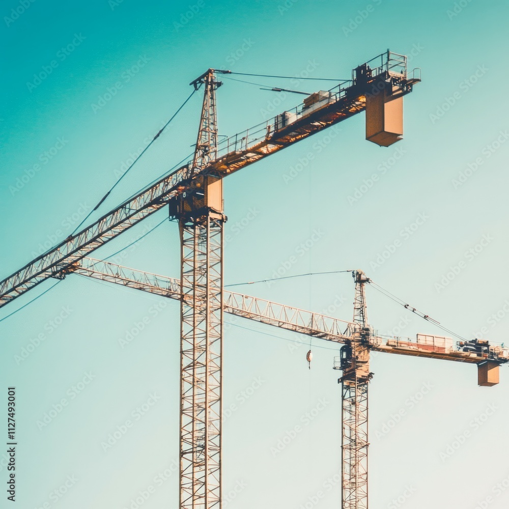 Sleek and modern construction cranes with clear sky Sleek and modern construction cranes with clear sky