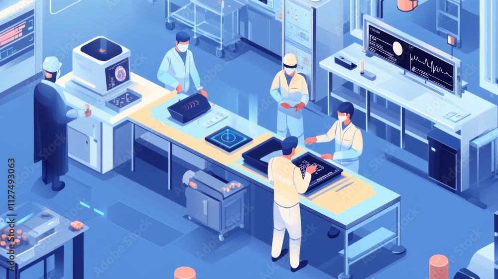 Obraz premium Isometric view of scientists in lab coats working in a modern sterile laboratory.