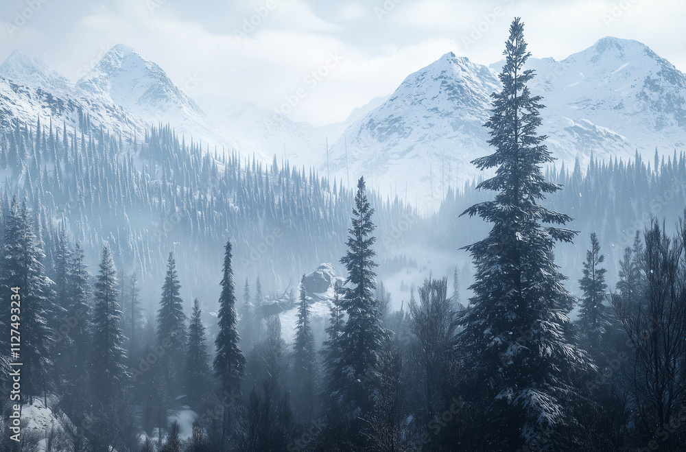 Fototapeta premium A serene winter landscape featuring snow-covered mountains and tall evergreen trees, enveloped in mist.