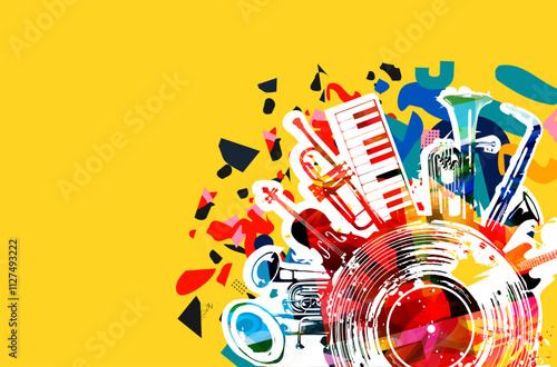 Music background with colorful music instruments and vinyl record disc vector illustration. Music festival poster with double bell euphonium, violoncello, trumpet, piano, euphonium, sax and guitar