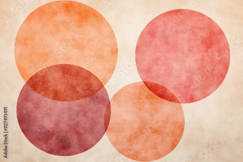 An abstract background featuring peach and pink circles with glowing light elements.