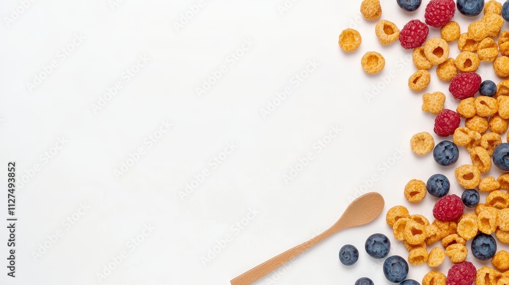 Colorful breakfast cereal arrangement with berries Colorful breakfast cereal arrangement with berries
