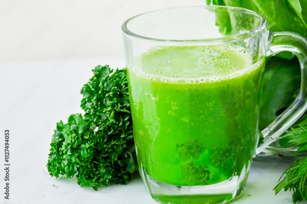 Glass of green smoothie with spinach and other vegetables. Fresh greenery on a white background. A white drink with greens and a green background is a glass of water. Greenery and lifestyle white. Glass of green smoothie with spinach and other vegetables. Fresh greenery on a white background. A white drink with greens and a green background is a glass of water. Greenery and lifestyle white.