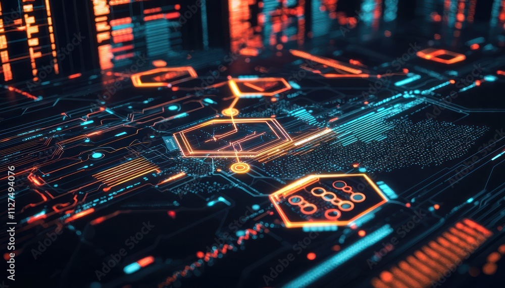 Obraz premium A futuristic technology design with connected hexagons, visualizing big data and digital transformation.