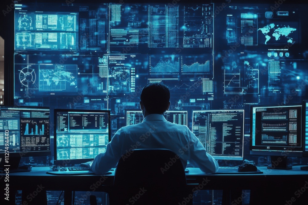 An analyst uses computers and dashboards to monitor business analytics. An analyst uses computers and dashboards to monitor business analytics.