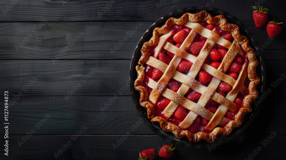 Delicious homemade strawberry pie on dark wood. Delicious homemade strawberry pie on dark wood.