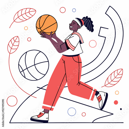 Hand drawn vector flat abstract stock graphic illustration with young happy black afro american beauty female plays basketball on the street basketball court, isolated on white background
