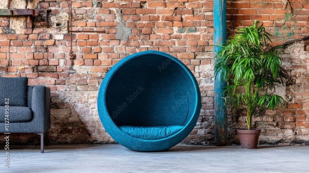 Stylish round chair in an industrial loft setting Stylish round chair in an industrial loft setting