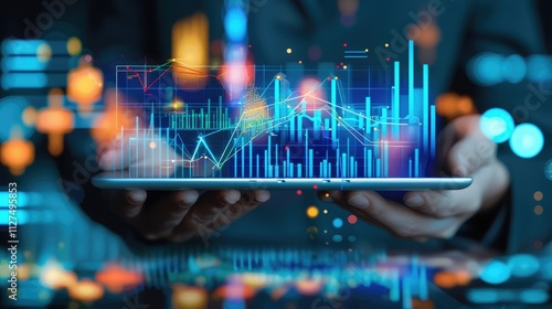  A close-up of a graph being analyzed on a tablet held by a business professional