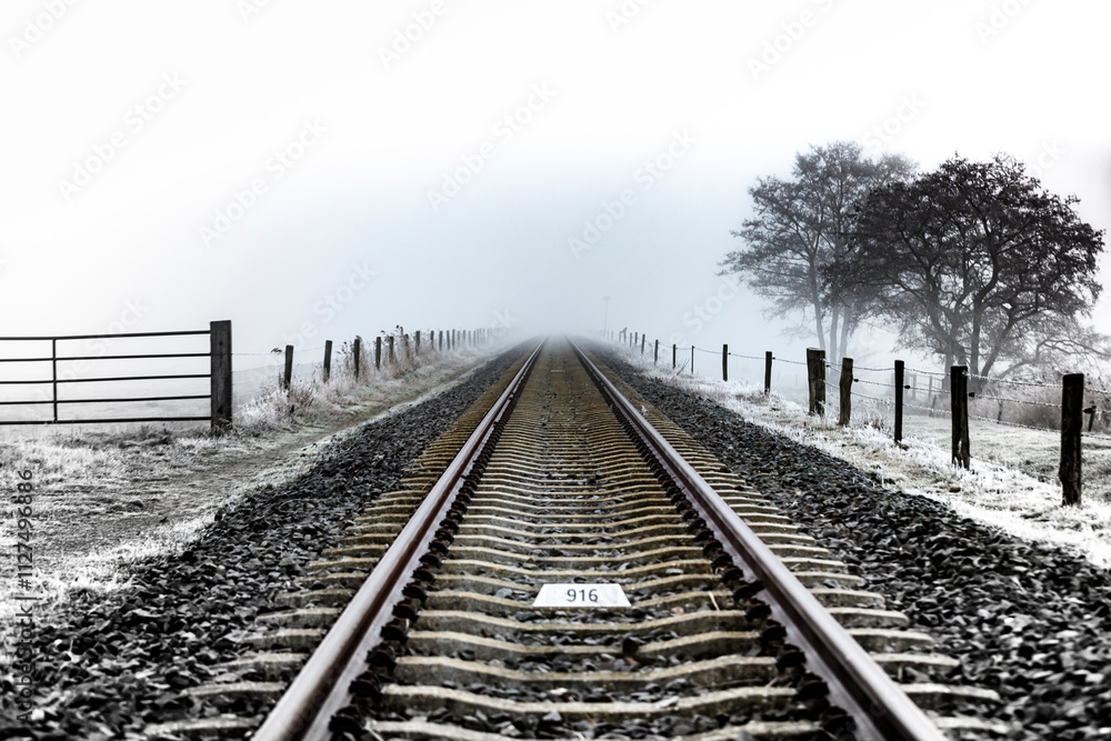Fototapeta premium A misty, frosty landscape shows railway tracks stretching into a hazy distance. Frosted ground and trees line the tracks. Marker 916 is visible.
