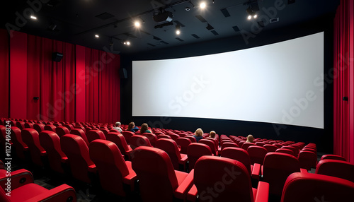 Wallpaper Mural A modern movie theater interior with a blank white screen and red chairs, people sitting in a movie hall Torontodigital.ca