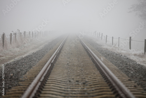 Frosted, foggy morning.  Railroad tracks stretch into the mist.  Rural scene.