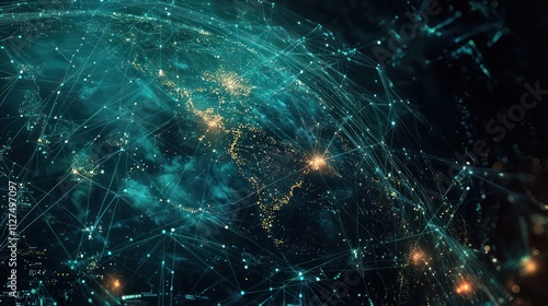 A network of connected dots and lines representing global technology, big data, and cybersecurity.