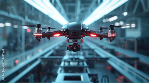 A detailed shot of an et being scanned and recorded by an IIoTenabled drone as it flies through the factory to complete a routine inventory check. photo