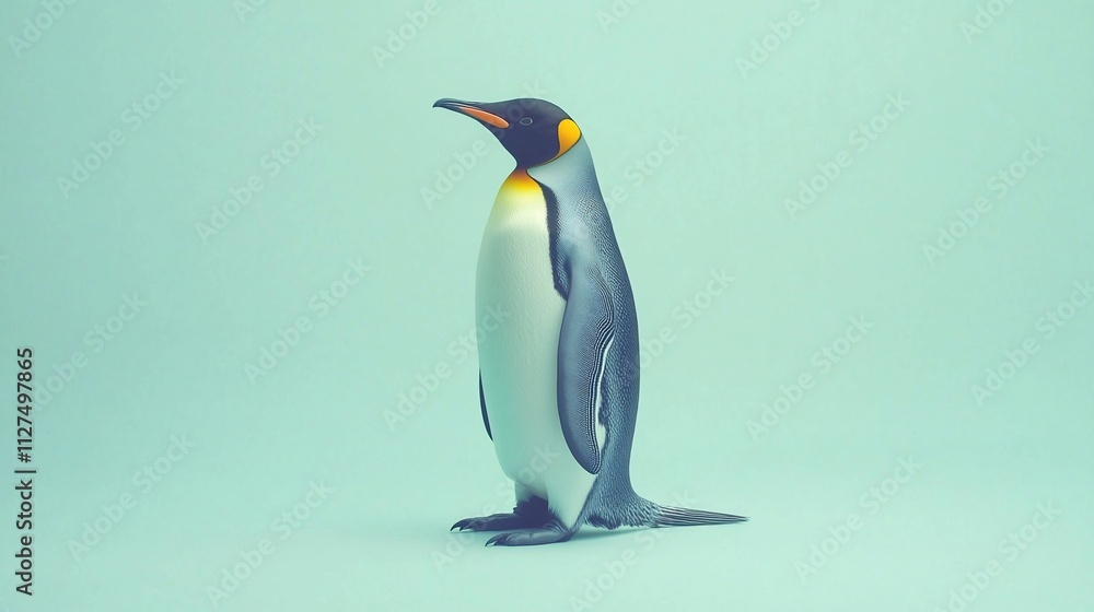 Fototapeta premium Single king penguin standing on light blue background.