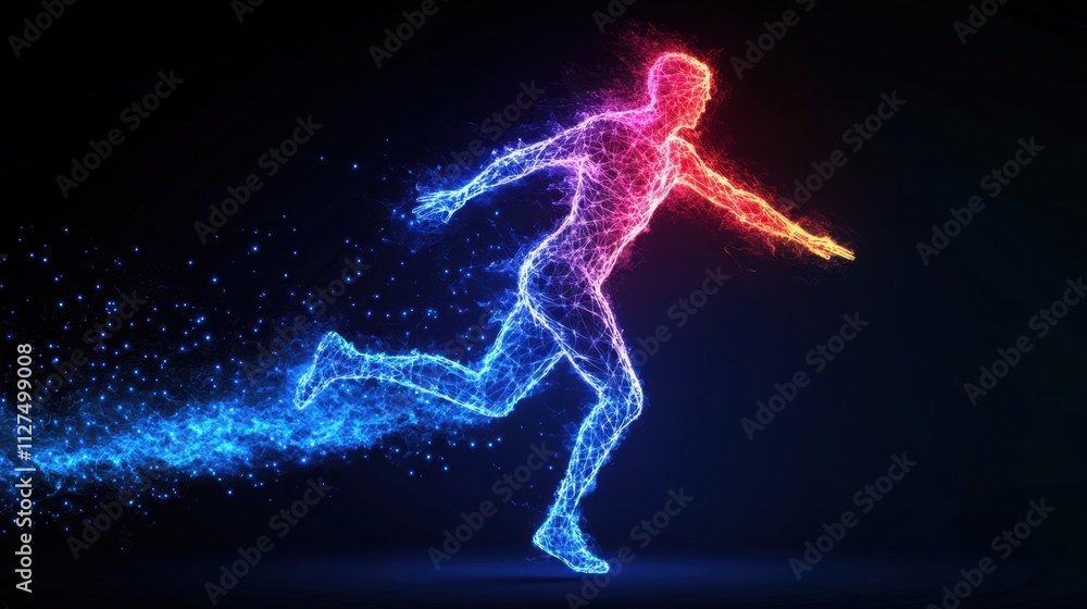 A glowing digital representation of a running human figure, illuminated in vibrant blue and red neon lights, against a dark background A glowing digital representation of a running human figure, illuminated in vibrant blue and red neon lights, against a dark background