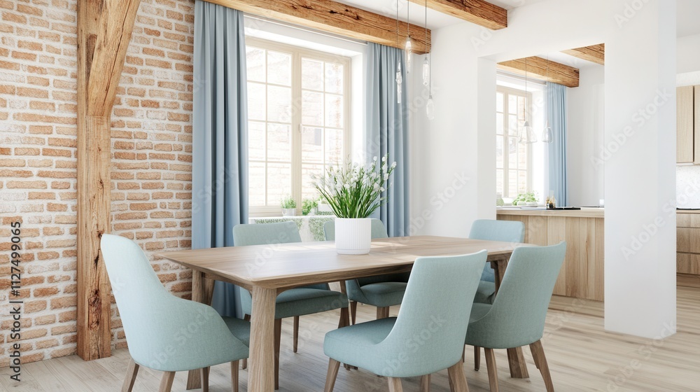 Cozy rustic dining room featuring olive green chairs and light blue curtains with warm wooden beams and a welcoming atmosphere for gatherings Cozy rustic dining room featuring olive green chairs and light blue curtains with warm wooden beams and a welcoming atmosphere for gatherings