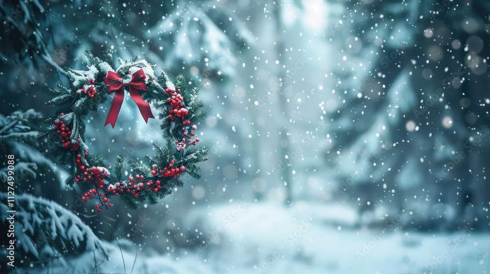 A festive wreath with red berries and a bow, hanging in a snowy forest clearing A festive wreath with red berries and a bow, hanging in a snowy forest clearing
