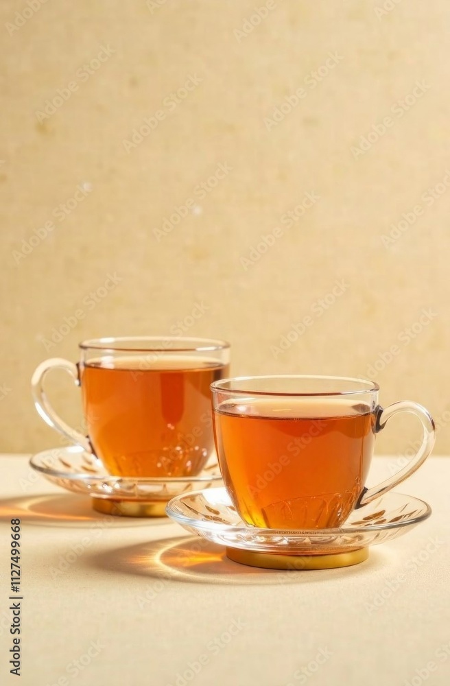 Elegant glass tea cups with freshly brewed tea on beige background Elegant glass tea cups with freshly brewed tea on beige background