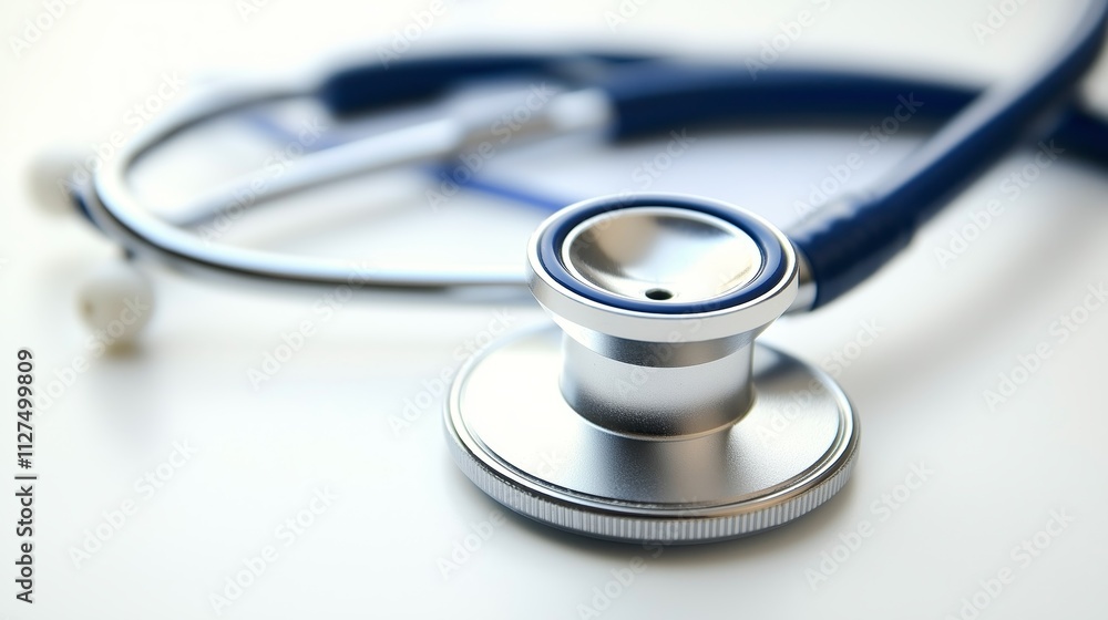 A close-up of a silver stethoscope on a clean white surface, highlighting its circular chest piece and tubing A close-up of a silver stethoscope on a clean white surface, highlighting its circular chest piece and tubing