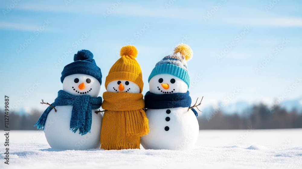 Obraz premium Cheerful snowmen in winter sunlight