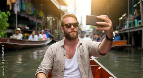 tourist in a floating market in thailand photo