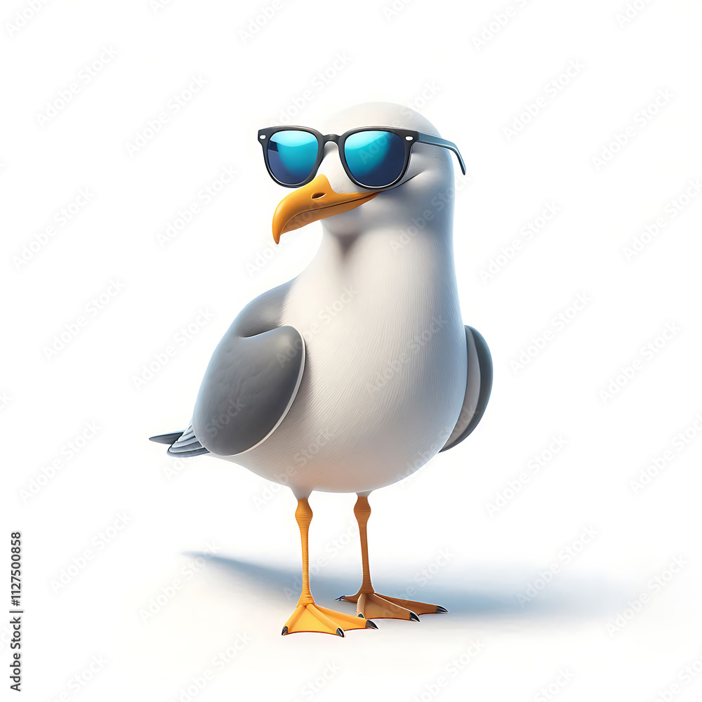 Obraz premium coole Möwe mit Sonnenbrille 3D Figur auf weißem Hintergrund isoliert Seemöwe Lachmöwe grau weiß gelber Schnabel Federn Flügel Urlaub Meer Strand Sonne genießen Geschäftsmann Inselurlaub Küste Vogel