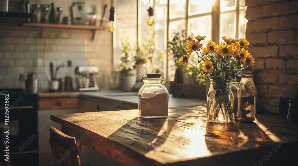 Cozy rustic kitchen with sunlight and floral decor Cozy rustic kitchen with sunlight and floral decor