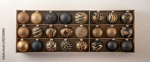 A collection of 24 luxurious ornaments in an open cardboard box showcases various patterns like leopard print and metallic finishes, perfect for holiday decorating photo