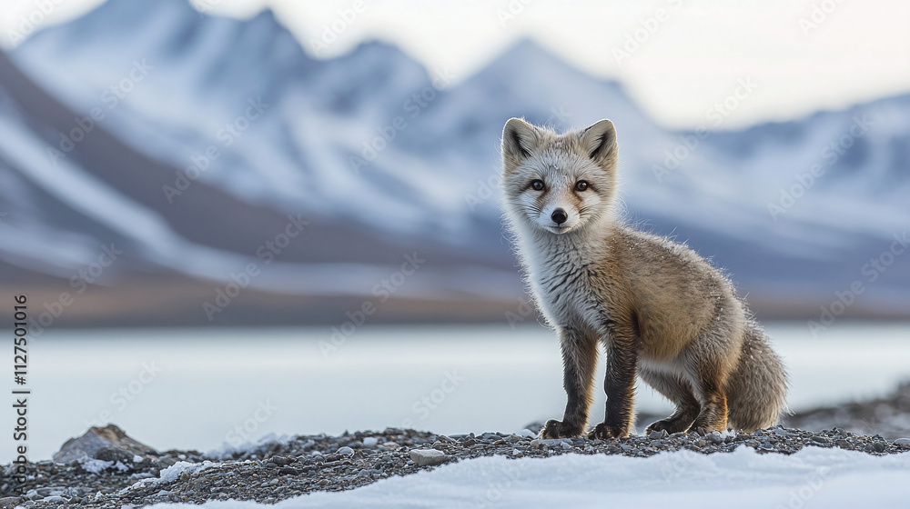 Obraz premium Arctic fox with white fur, adorable animal in winter wildlife in snow, cute polar predator portrait, fluffy tundra mammal, young vulpes in icy landscape, svalbard fauna.