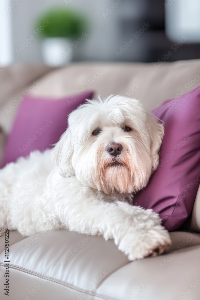 A fluffy white dog rests comfortably on a beige couch, nestled between two purple pillows, exuding a sense of relaxation and comfort in a modern home setting. A fluffy white dog rests comfortably on a beige couch, nestled between two purple pillows, exuding a sense of relaxation and comfort in a modern home setting.