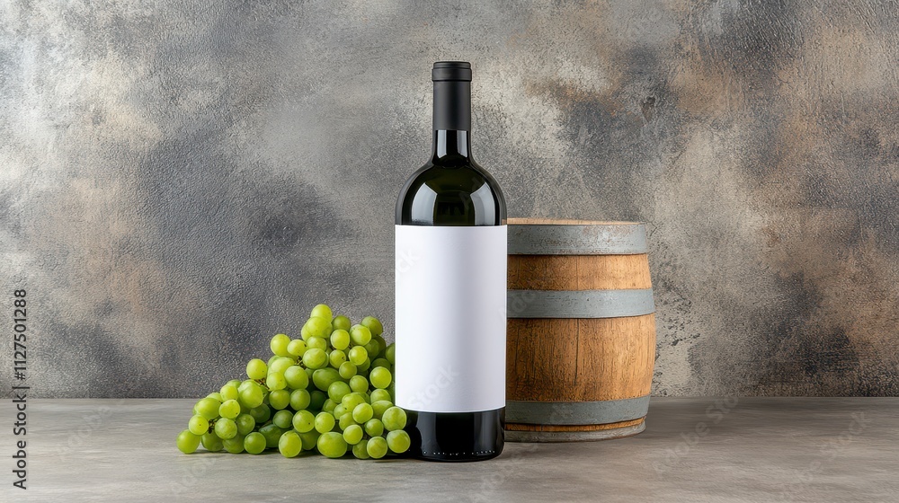 Obraz premium Wine bottle with grapes and wooden barrel on rustic background