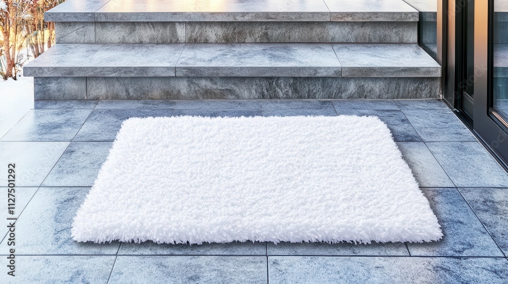 Cozy white rug on snowy stone steps Cozy white rug on snowy stone steps