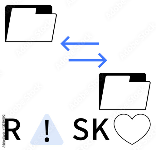 Two folders with blue arrows between them, indicating data transfer. Below, the word RISK with an exclamation mark in place of I and a heart shape in place of the final letter. Ideal for data