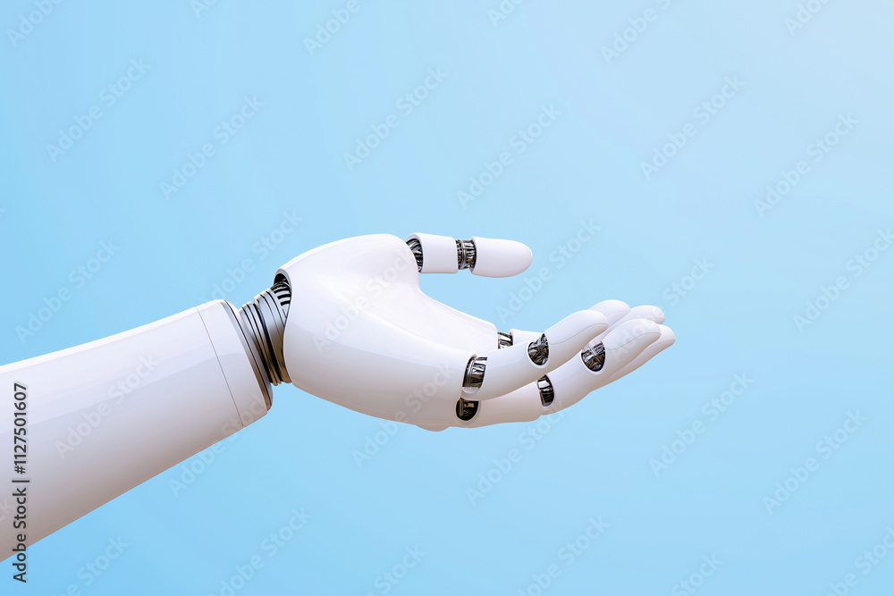 Robotic hand gesturing toward bright blue sky in modern technology setting Robotic hand gesturing toward bright blue sky in modern technology setting
