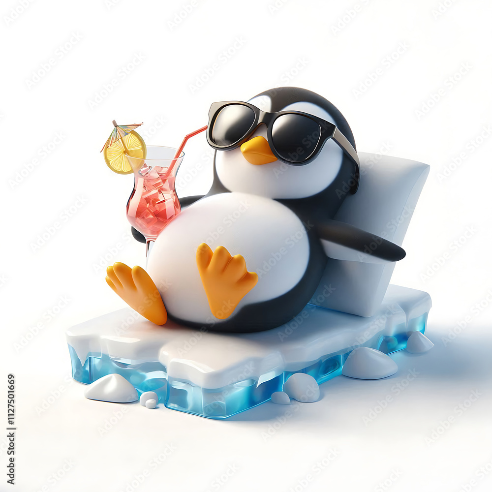 Obraz premium niedlicher 3D Pinguin mit Sonnenbrille liegt bequem auf einer Eisscholle mit einem bunten Cocktail in der Hand isoliert auf weißem Hintergrund 
