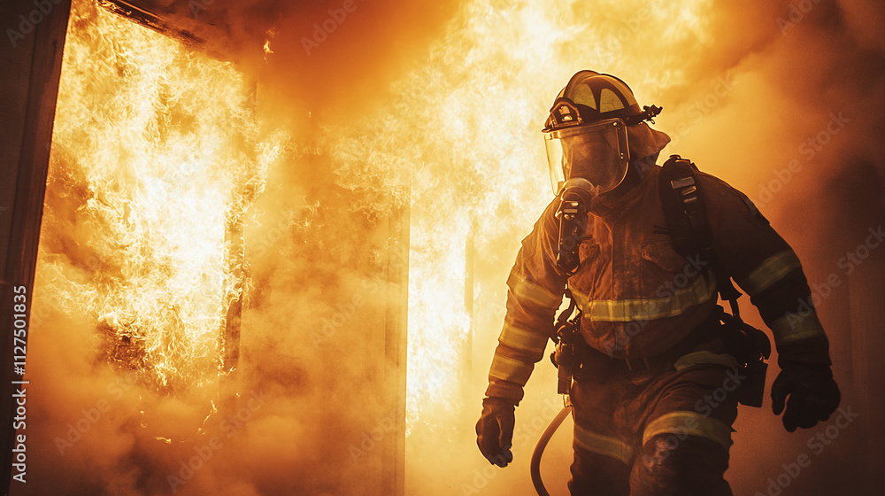 Fototapeta premium Firefighter battles house engulfed in flames, emergency rescue amid burning blaze, dangerous heat threatens building, safety personnel in uniform combat fire, smoke billows as fireman uses equipment.