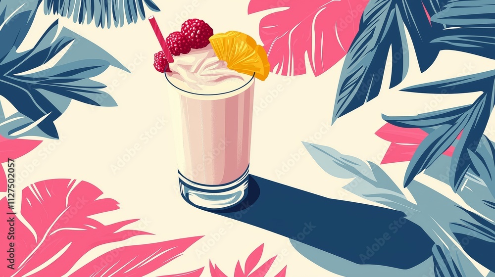 Naklejka premium A vibrant fruit smoothie topped with raspberries and pineapple, surrounded by colorful tropical leaves