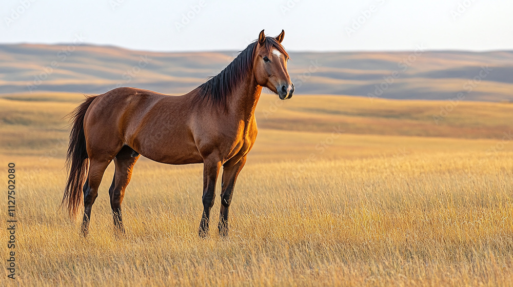 Horse stands majestic, beauty and freedom in golden field, grass sways as mane flows in autumn wind, nature wild spirit embodied, powerful equine grace on display, sunset paints landscape. Horse stands majestic, beauty and freedom in golden field, grass sways as mane flows in autumn wind, nature wild spirit embodied, powerful equine grace on display, sunset paints landscape.