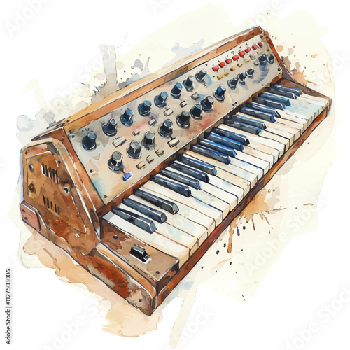 A watercolor illustration of a synthesizer, isolated on a white background. Synthesizer vector.