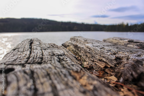  old wooden bench with a lake in the background