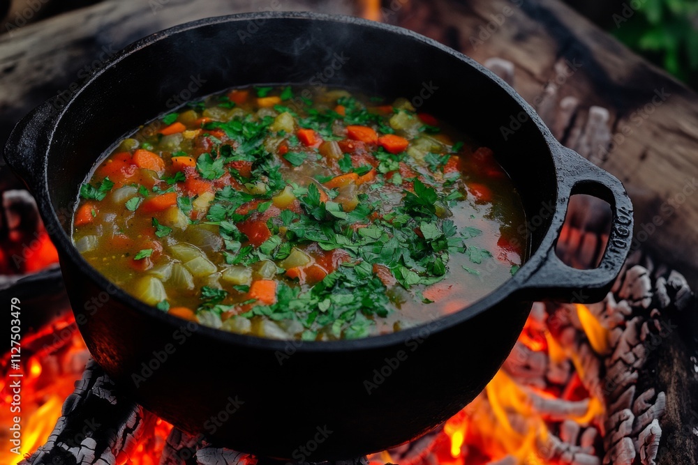 A rustic cast iron pot simmers over an open fire, filled with a colorful vegetable stew. Fresh herbs and vibrant ingredients create a hearty meal in natural lighting A rustic cast iron pot simmers over an open fire, filled with a colorful vegetable stew. Fresh herbs and vibrant ingredients create a hearty meal in natural lighting