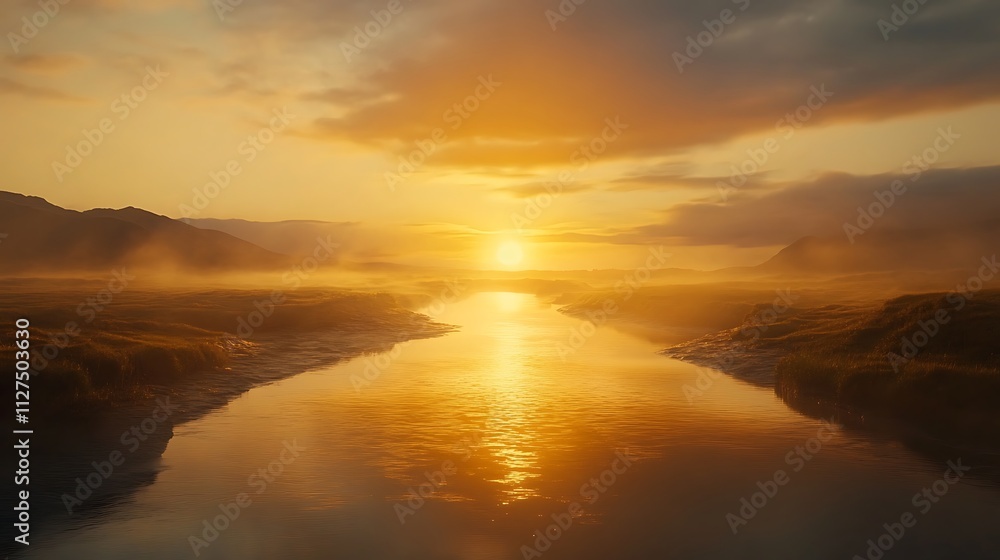 Golden sunrise over misty river valley. Golden sunrise over misty river valley.