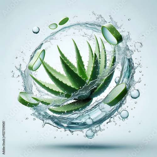 Aloe Vera Kaktus grüne Blätter und Scheiben umspült von Wasser Spritzern frische Gel  Kosmetik Produkt gesund natürliche Schönheit Pflege schwebend 3D rund isoliert auf hellem Hintergrund Vorlage Diät