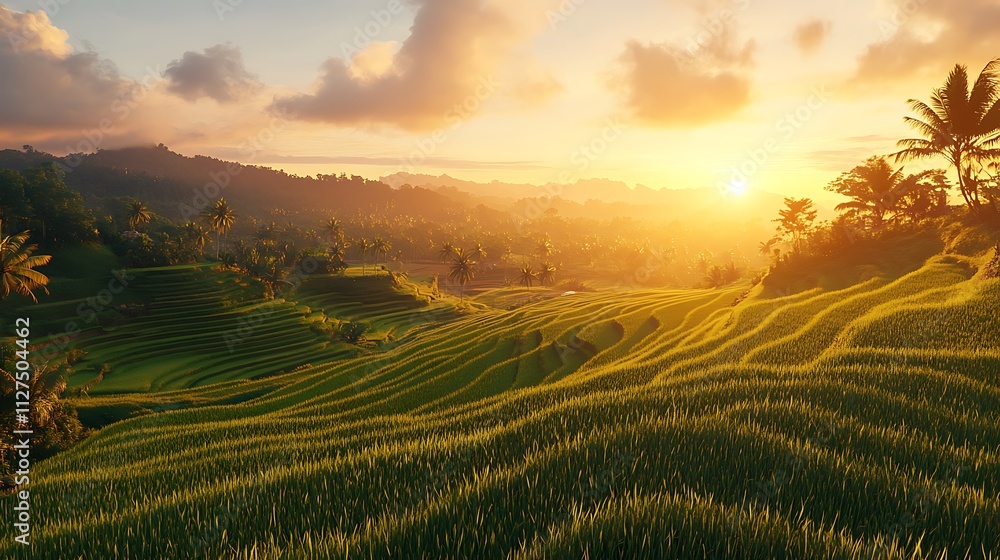 Golden sunset over lush green rice terraces and palm trees. Golden sunset over lush green rice terraces and palm trees.